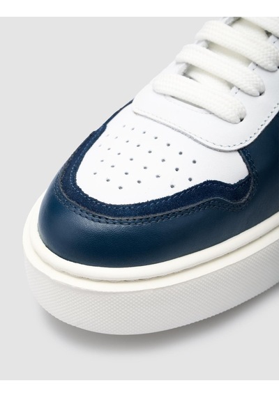 Cabani %100 Hakiki Deri Beyaz - Mavi Bağcıklı Erkek Sneaker Beyaz