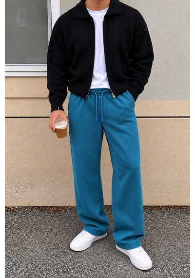 Tarz Cool Erkek Oversize Baggy Fit Eşofman Altı %100 Pamuk 3 İplik Şardonlu Bol Paça Rahat Kesim Petrol