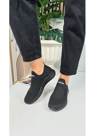 Günlük Unisex Sneaker Slip-on Nefes Alabilen Hafif Yürüyüş Bağcıksız Esnek Spor Ayakkabı 041f Siyah-beyaz