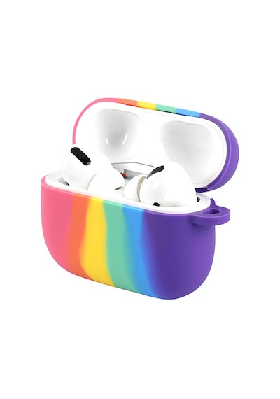 Wozlo Apple Uyumlu AirPods Pro 1. Nesil Silikon Koruma Kılıfı Rainbow Kopçalı Koruyucu Kılıf - Gökkuşağı