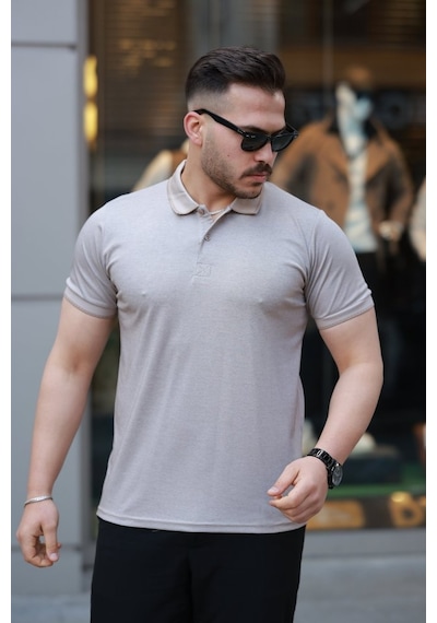 Erkek Yakalı Kagi Kumaş Kısa Kollu T-shirt Bej