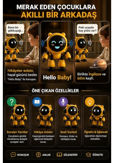Yapay Zeka Konuşan Robot Çocuklar Için Eğitici Akıllı Asistan 40 Dil Destekli Şarjlı Robot Oyuncak