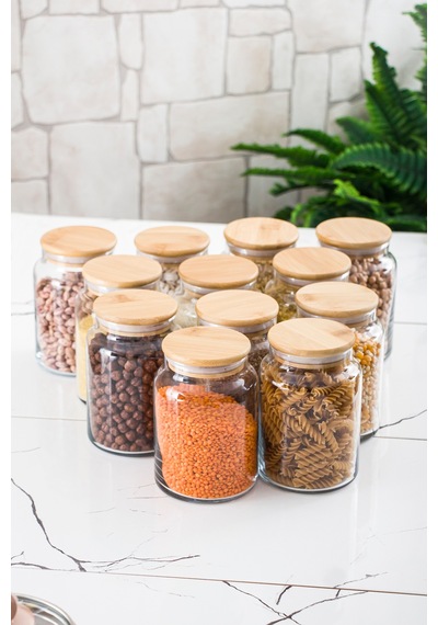 12 Lü Set Bambu Kapaklı Cam Kavanoz & Erzak Saklama Kabı 800 Ml Orta Boy Vakum Kapak Şeffaf Şeffaf
