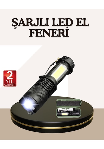 Mey İthalat Küçük Boy Şarjlı Led El Feneri Taşınabilir Klipsli