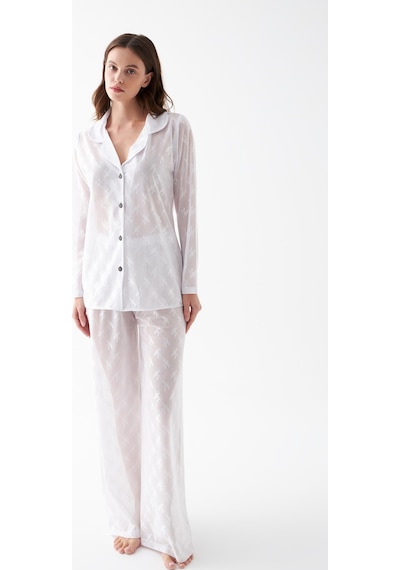 Akbeniz Kadın Beyaz Şeffaf Jakar Düğmeli Pijama Takımı