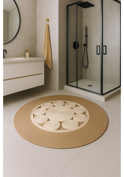 Mavaux Jutella Hasır Krem Ortası Kurabiyeli Jüt Hasır Yuvarlak Modern Salon Banyo Kilim Halı Paspas Yolluk Krem