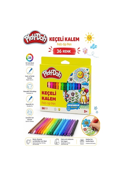 Keçeli Kalem 36 Renk 1 Paket Play-doh 36 Lı Keçeli Kalem Canlı Renkler Yıkanabilir Kaliteli Okul Öğrenci