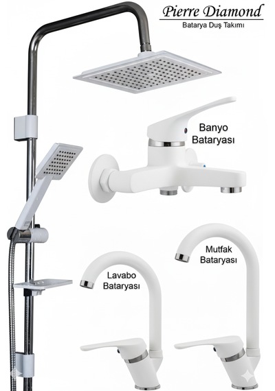 04-1 Lavabo Banyo Mutfak Bataryaları Ve Robot Duş Seti Siyah Krom / Beyaz Krom Takımlar Musluk Armatür Beyaz - Krom