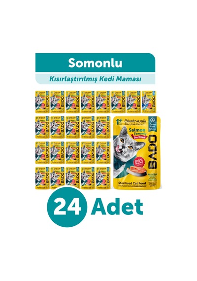 Bado Kısırlaştırılmış Yetişkin Yaş Kedi Maması Somonlu 85gr 24'lü