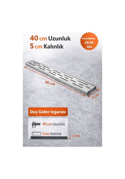 40 Cm Lineer Duş Gider Izgarası 304 Paslanmaz Çelik 5 Cm Genişlik Üst Kanal Izgarası