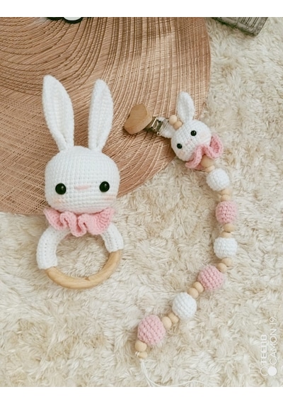 Dukakidstoys Tavşan Emzik Zinciri Aksesuar Oyuncak Amigurumi Çıngırak Seti Beyaz