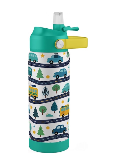Puccon 540 Ml Araba Ve Yol Desenli Yeşil - Beyaz Erkek Çocuk Pipetli Çelik Termos Matara/suluk - 60054