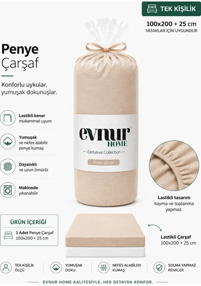Evnur Tek Kişilik Penye Çarşaf Bej