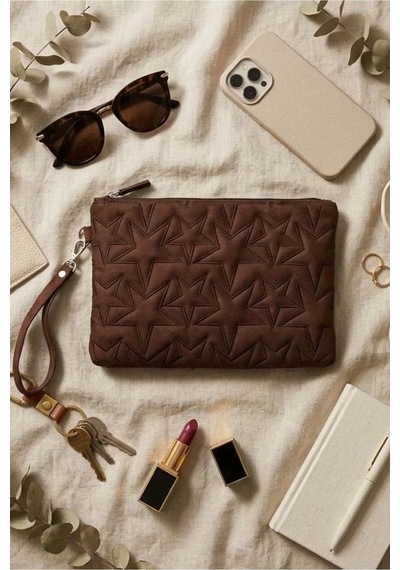 Adelina Bags Süet Yıldız Nakış İşlemeli Portföy El Çantası Bilek Askılı Astarlı Süet Clutch Çanta Kahve