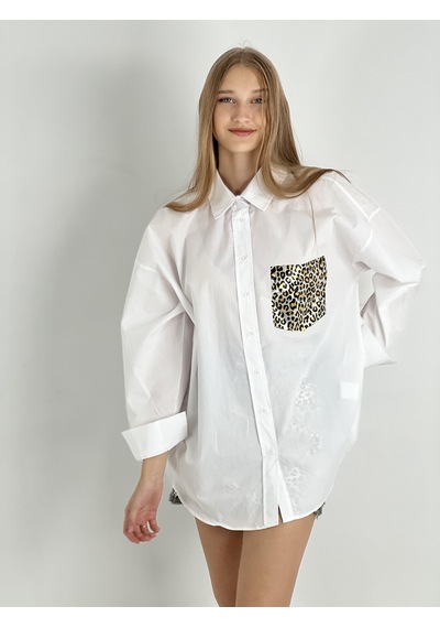 Miss Poem Kadın Leopar Varaklı Cep Detaylı Oversize Gömlek - Beyaz Beyaz