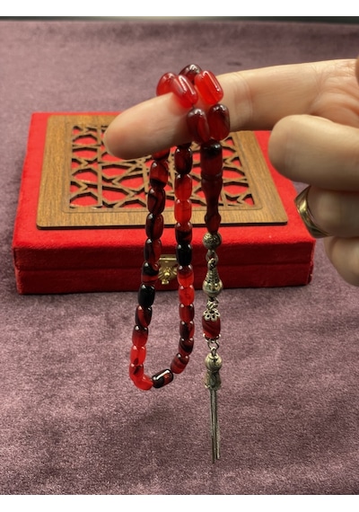 Alpaka Zincir Püsküllü Çift Renk Sıkma Kehribar Tesbih Kırmızı-siyah, 7x11 Mm
