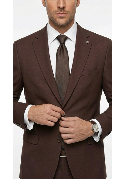 Tk 6893erkek Klasik 2 Li Takım Elbise 2 Düğmeli Slim Fit Esnek Kumaş Çift Yırtmaçlı 7 Drop Kahverengi