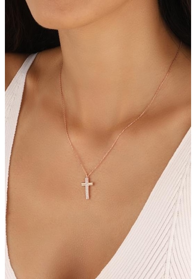 Beyaz Zirkon Taşlı Gümüş Haç Kolye Rose Gold