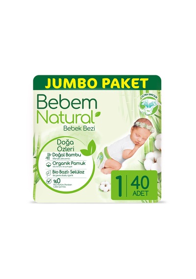 Bebem Natural Yenidoğan Bebek Bezi 1 Numara Jumbo Paket 40 Adet