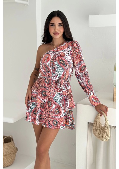 Asprin Fashion İthal Jessica Kumaş Şal Desen Tek Omuz Detaylı Elbise Desenli