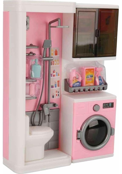 2'li Banyo Setim Kapakları Açılan Çamaşır Makineli Duşakabinli Ve Temizlik Malzemeli Oyuncak Seti 1
