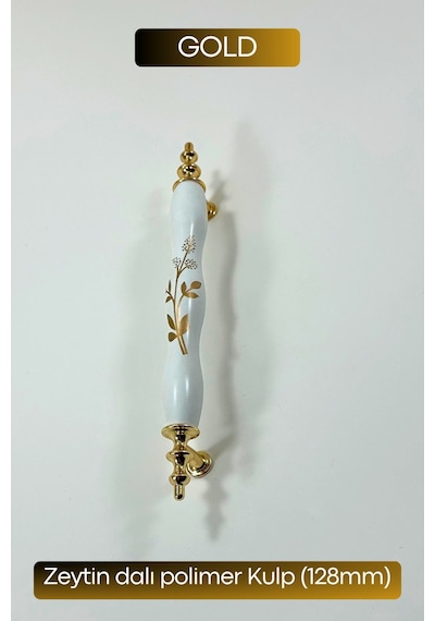 Polimer Zeytindalı Kulp Lüks Modern Mobilya Çekmece Vestiyer Mutfak Dolabı Kulpu 128mm Beyaz-gold
