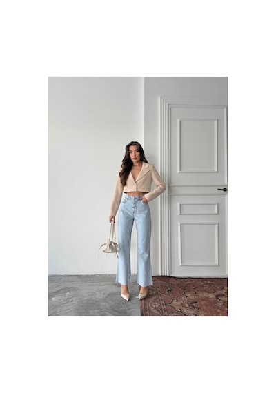 Blue Marlın Yüksek Bel Tam Kalıp Paça Kesik Boru Paça Jeans Mavi