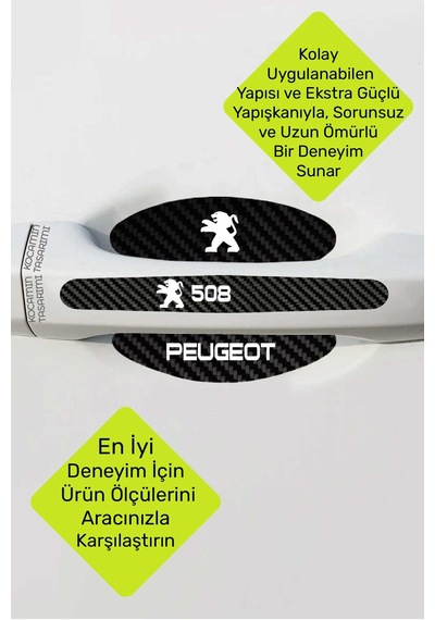 Yeni Nesil Peugeot 508 Karbon Kapı Kolu Koruma Seti 508 Modeline Tam Uyumlu, Beyaz Yazılı Tasarım
