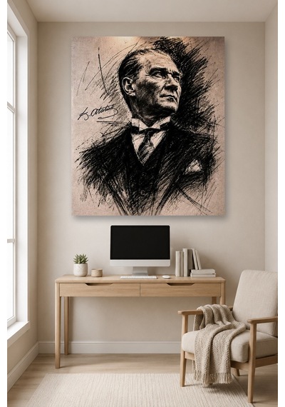 Tam Renk Atatürk Dekoratif Kanvas Duvar Tablosu Siyah