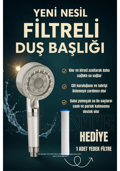 Yeni Nesil Filtreli Duş Başlığı + 1 Yedek Filtre Yüksek Basınçlı & Su Tasarruflu Çok Renkli