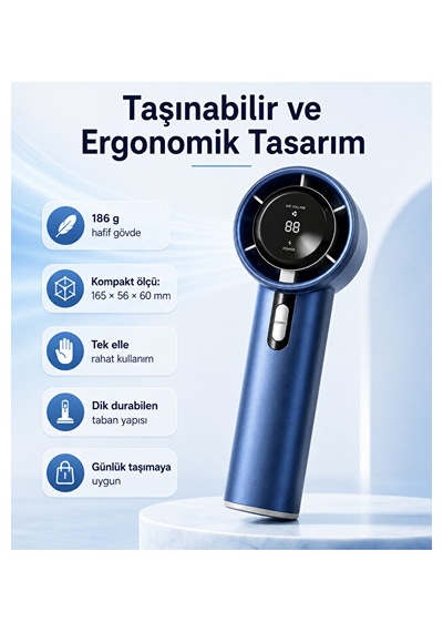 100 Kademeli Dijital Göstergeli Şarjlı El Fanı Mavi Taşınabilir Yüksek Hızlı Mini Lacivert