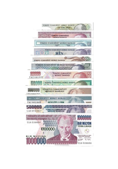 Türkiye 7,emisyon Tam Set Yerli Kağıt Para Çil Unc Koleksiyon Para 12 Parça