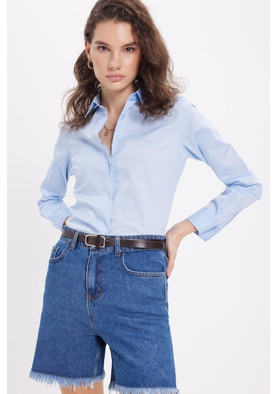 Tudors Kadın Slim Fit Non-ıron Pamuklu Vücuda Oturan Ütü Gerektirmez Pensli Mavi Gömlek-42047 Mavi