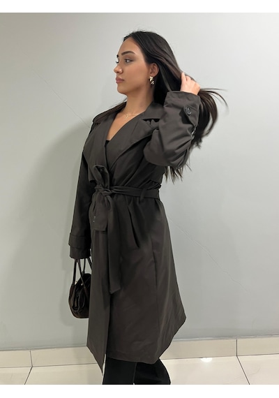 Kadın Kemerli Uzun Trençkot Su Geçirmez, Astarlı, Oversize Şık Model Kahverengi