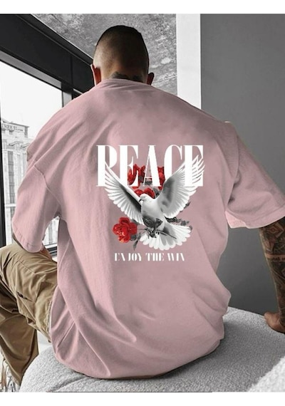 Peace Baskılı Oversize Tişört Pembe