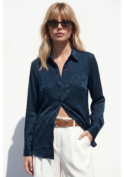 Sateen Gizli Patlı Gömlek - Lacivert-137595