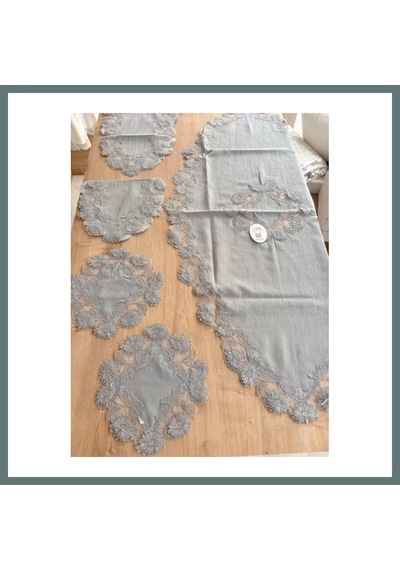 Bezos Salon Takımı Çeyizlik Gri Runner Set 5 Parça Keten Masa Örtüsü Runneri Flowers Ventra