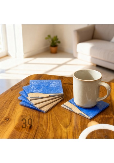 Ceviz & Turkuaz Epoksi Bardak Altlığı Seti 6 Lı, El Yapımı Ceviz Ahşap, 12x12 Cm, Modern & Şık Tasarım Turkuaz