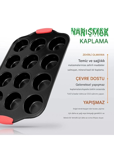 12 Bölmeli Muffin Ve Cupcake Kalıbı - Yapışmaz Karbon Çelik Fırın Kabı, Isıya Dayanıklı Kırmızı Siliko Diğer