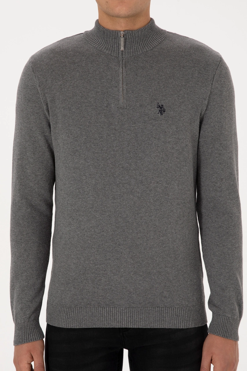 U.S. Polo Assn. Erkek Slim Fit Yarım Fermuarlı Gri Melanj Basic Kazak 50313695-VR109