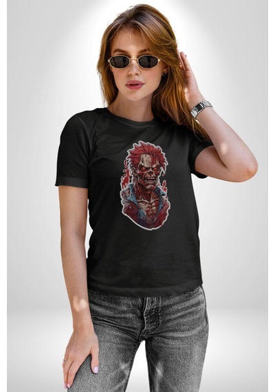 Zombi Kırmızı The Walking Dead Unisex Unisex Siyah Organik Baskılı T-shirt Penye Yüksek Kalite Siyah