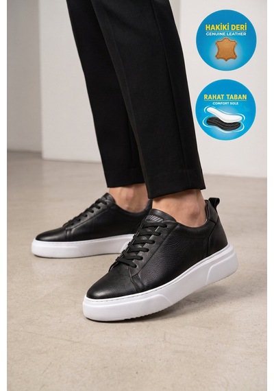 Ayakmod Siyah-beyaz Hakiki Deri Bağcıklı Kalın Rahat Tabanlı Erkek Casual Ayakkabı Sneaker 272303 SİYAH-BEYAZ