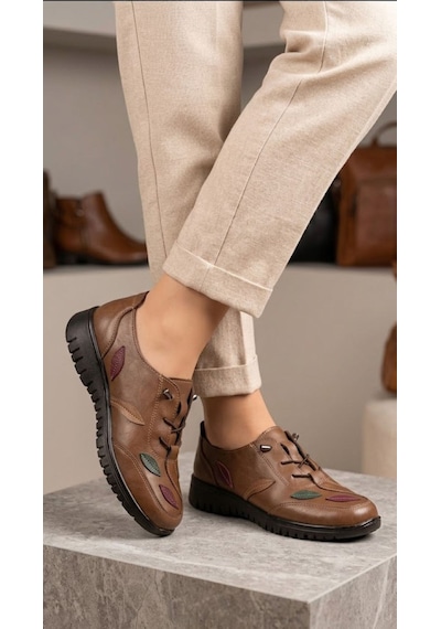 Ender Steps İç Dış %100 Hakiki Deri Ortopedik Taban Günlük Casual Kadın Ayakkabı Sütlü Kahve