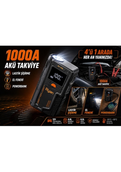 Akü Takviye Cihazı 1000a Ve Lastik Şişirme Kompresörü Powerbank Led El Feneri Taşıma Çantalı Ry-p20