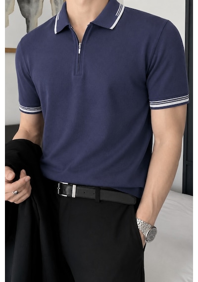Tarz Cool Erkek Fermuar Yaka Triko Polo Tişört Slim Fit Pamuklu Yazlık Triko Lacivert