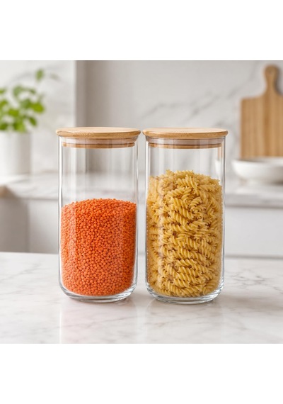Tr 2'li Bambu Kapaklı Cam Saklama Kavanozu Seti 1400 Ml, Sızdırmaz Silikon Contalı Şeffaf Erzak Kabı, Makarna Bakl Genel