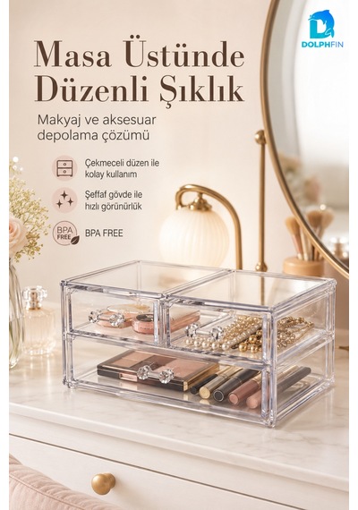 3 Çekmeceli Şeffaf Kozmetik Organizer Makyaj Takı Ruj Oje Pamuk Düzenleyici
