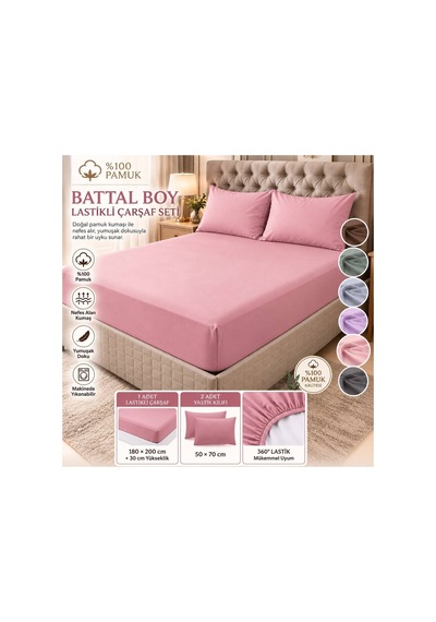 Slc Home%100 Pamuk Kumaş 180 X200 Cm Battal Boy Lastikli Çarşaf +2 Adet Yastık Kılıfı Pembe - 939447493 Pembe