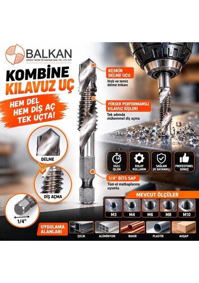 Fett Cztool M10 Kombine Kılavuz Matkap Ucu 1/4" Bits Saplı Delme Ve Diş Açma Kılavuzu Metrik 10