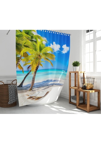 Banyo Perdesi 1x180x200 Tek Kanat Duş Perdesi Halka Hediyeli Duşakabin Perdesi Caribbean Çok Renkli